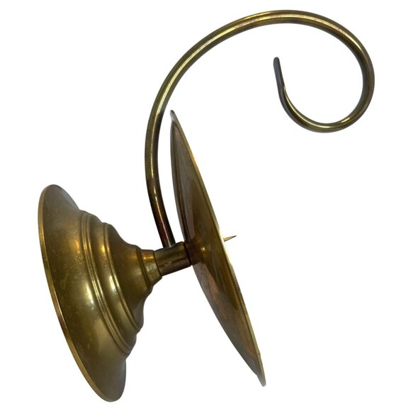 Brass Chamber Pillar Candle Holder Scroll Swirl Handle Colonial Style Vintage - Picture 2 of 7